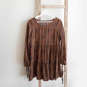 Wild Fable Dress Women's Sz S Brown Black Spotted Long Sleeve Tiered Babydoll